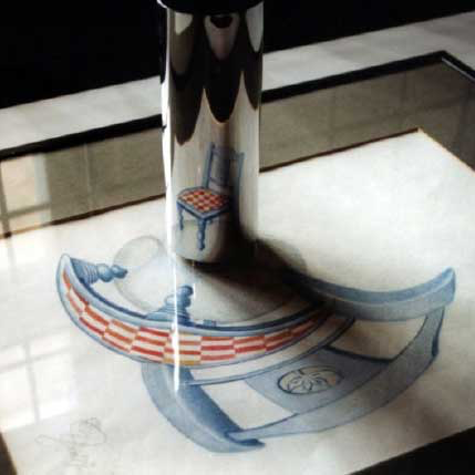 Mirror anamorphosis showing a chair, Adriaan P. Goddijn CC BY-SA